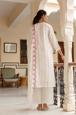 Pink & White Silk Blend Embroidered Suit Set with Organza Dupatta