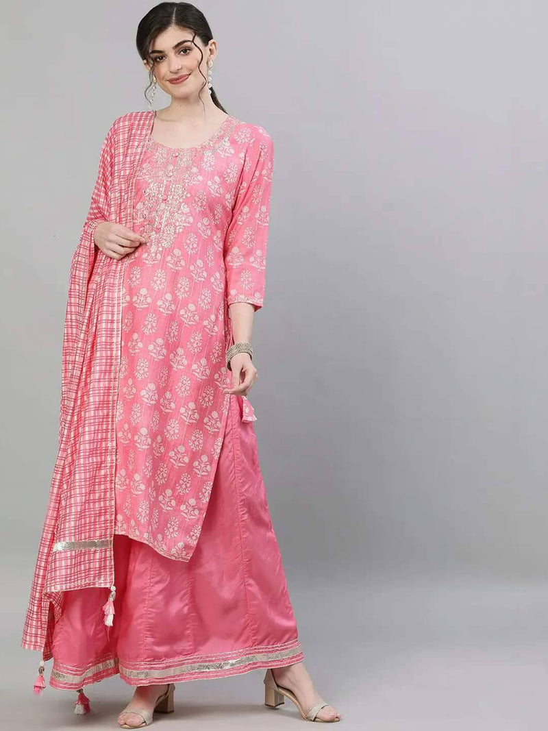 Floral Pink Kurta Sharara Suit Set - Ria Fashions