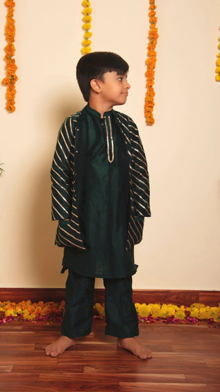 Solid Green Cotton Silk Kurta Pant Set with Gota-Lace Deatiling Nehru Jacket