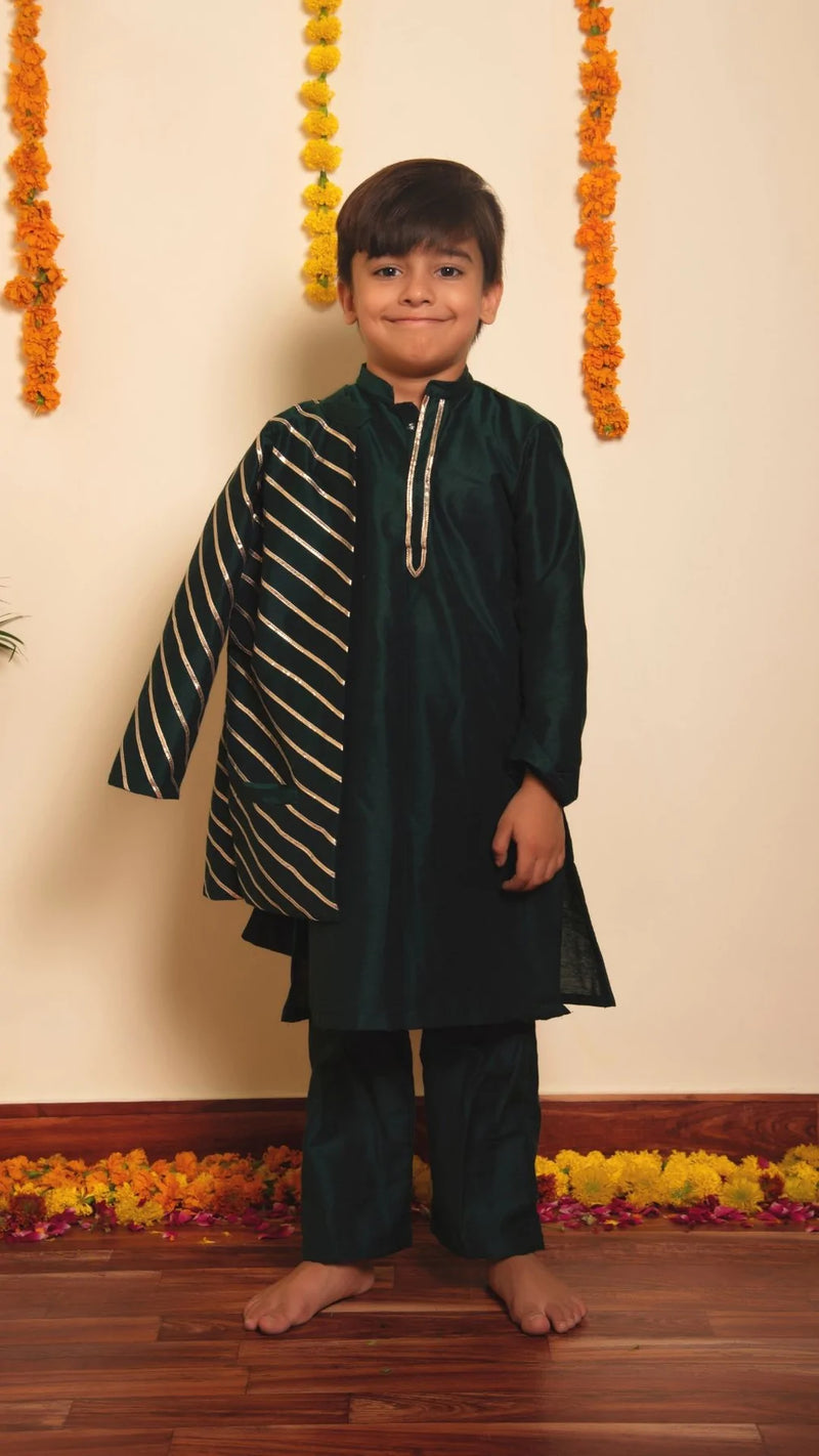 Solid Green Cotton Silk Kurta Pant Set with Gota-Lace Deatiling Nehru Jacket