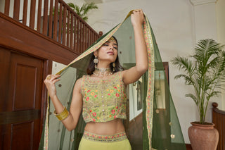 Green Titan Silk Dori, Mirror, Zari & Sequins Embroidered Lehenga Choli Set with Butterfly Net Dupatta