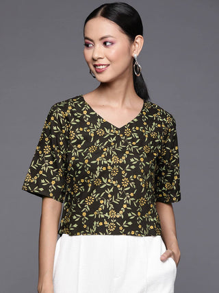 Viscose Rayon Black & Green Printed Top - Ria Fashions