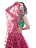 Green & Red Art Silk Embroidered Blouse with Soft Net Lehenga & Chinon Dupatta