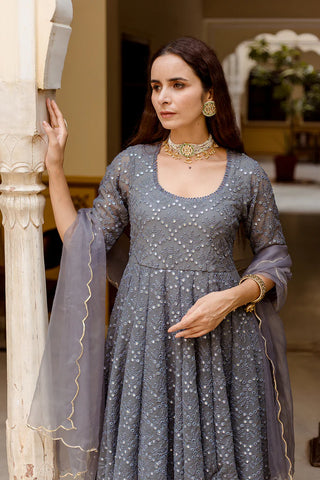 Georgette Grey Mirror Embellished & Embroidery Anarkali Set with Cotton Pants & Organza Dupatta
