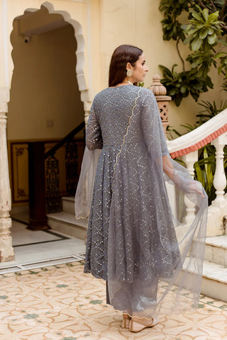 Georgette Grey Mirror Embellished & Embroidery Anarkali Set with Cotton Pants & Organza Dupatta