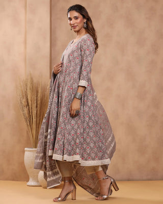 Grey Cotton Printed Anarkali Suit Set with Dupatta