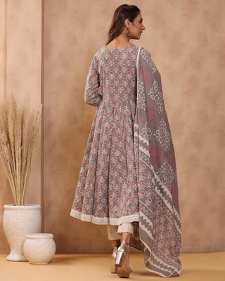Grey Cotton Printed Anarkali Suit Set with Dupatta