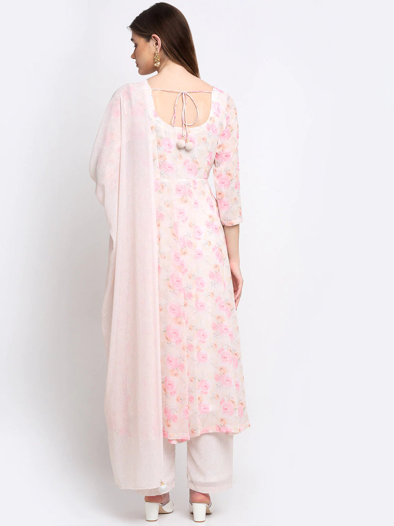 Georgette Off White & Pink Printed Anarkali Suit with Dupatta - Ria Fashions