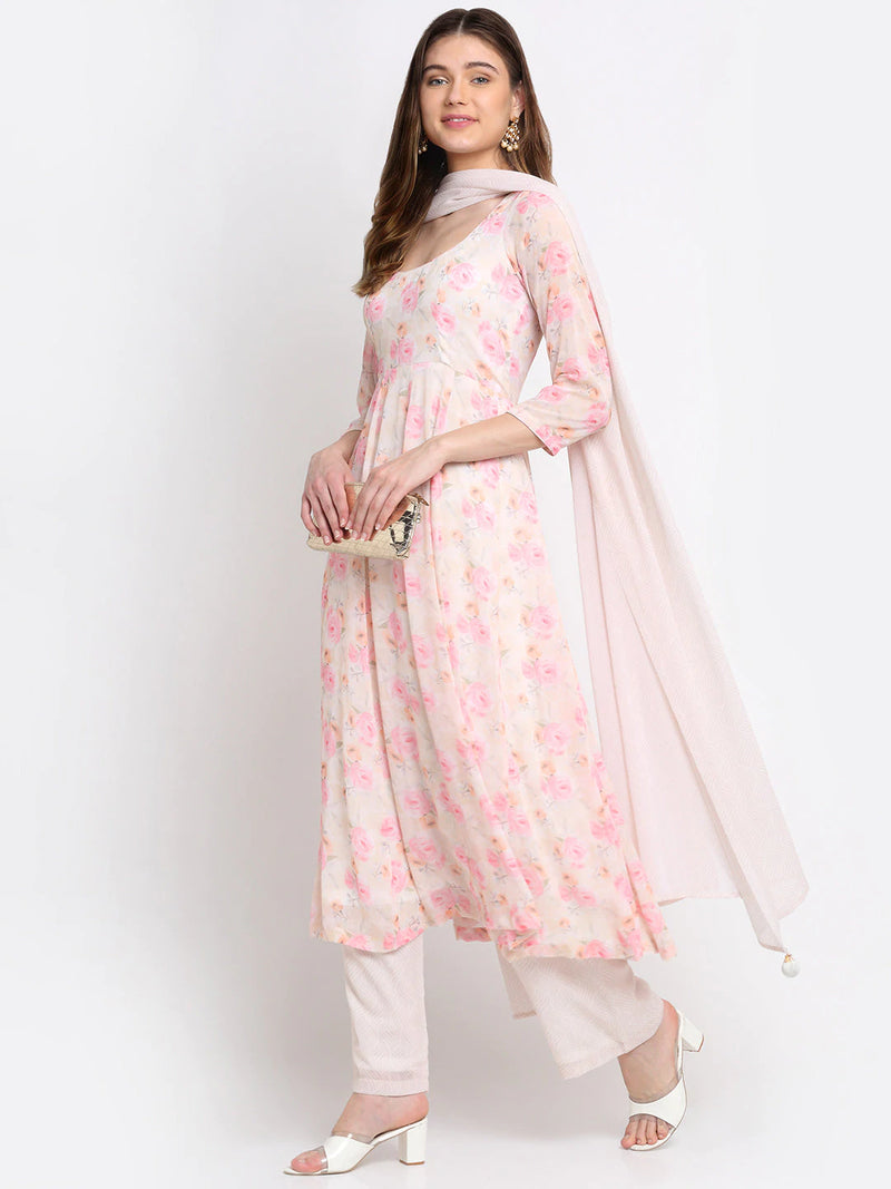 Georgette Off White & Pink Printed Anarkali Suit with Dupatta - Ria Fashions