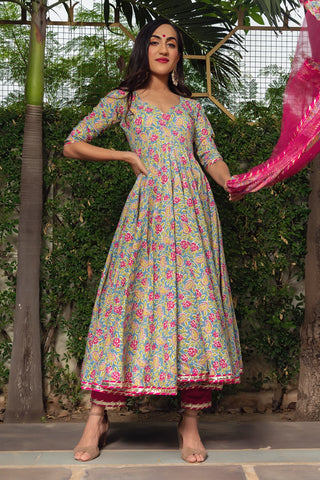 Cotton Multi Color Printed Anarkali Suit Set - Ria Fashions