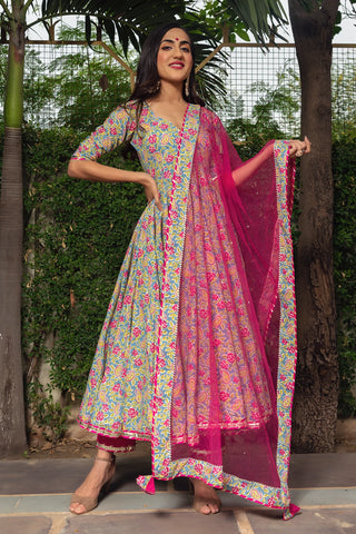 Cotton Multi Color Printed Anarkali Suit Set - Ria Fashions