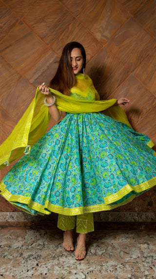 Cotton Green Printed Anarkali Suit Set - Ria Fashions