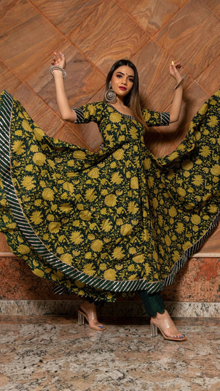 Green Cotton Hand Block Print Anarkali Suit Set - Ria Fashions