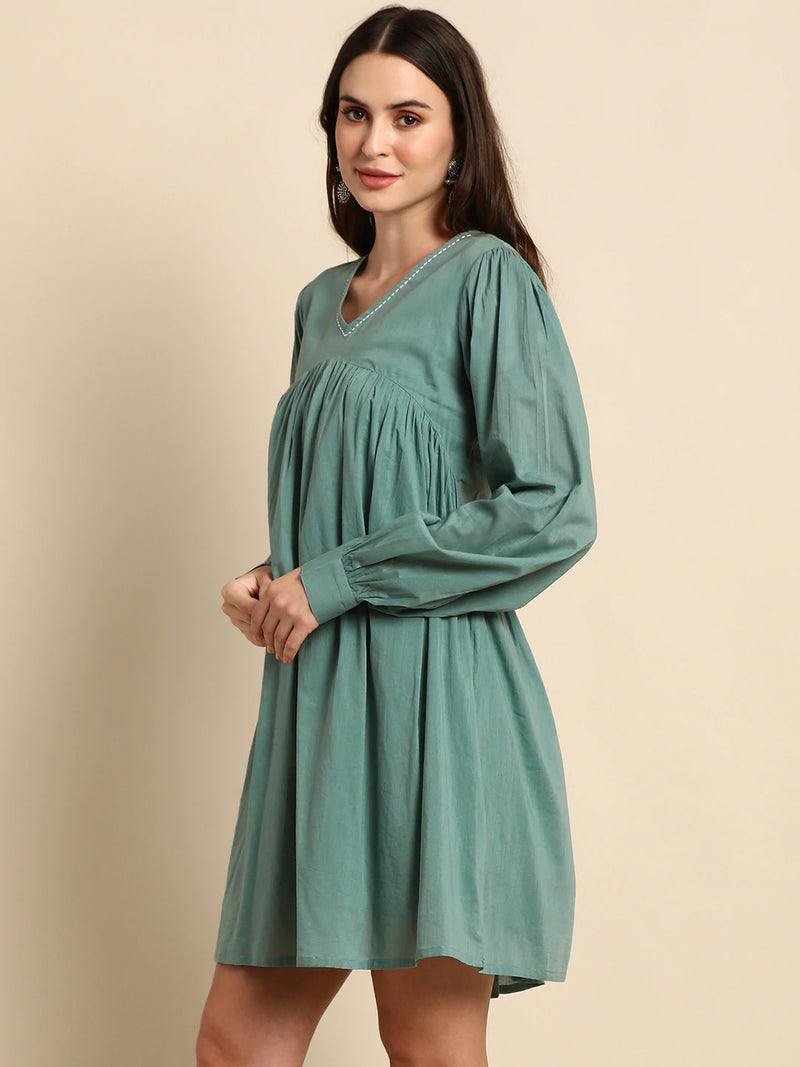Solid Sea Green Cotton Dress - Ria Fashions