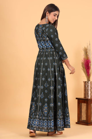 Cotton Green Embroidered Printed Anarkali Style Gown - Ria Fashions