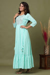 Cotton Sea Green Embroidery & Mirror Detailing Gown - Ria Fashions