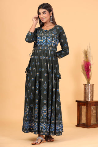 Cotton Green Embroidered Printed Anarkali Style Gown - Ria Fashions