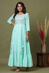 Cotton Sea Green Embroidery & Mirror Detailing Gown - Ria Fashions