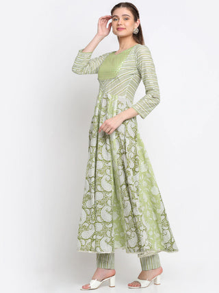 Green Cotton Floral Print Anarkali Kurta with Printed Pants - Ria Fashions