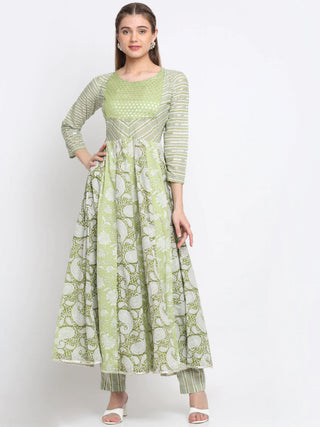 Green Cotton Floral Print Anarkali Kurta with Printed Pants - Ria Fashions