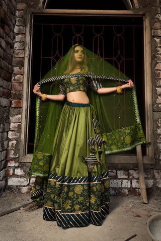 Green Cotton Silk Lehenga Set with Organza Dupatta - Ria Fashions