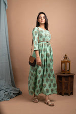 Cotton Green Booti Print Anarkali Style Gown - Ria Fashions