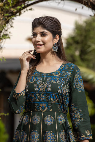 Cotton Green Floral Gold Print Ethnic Gown