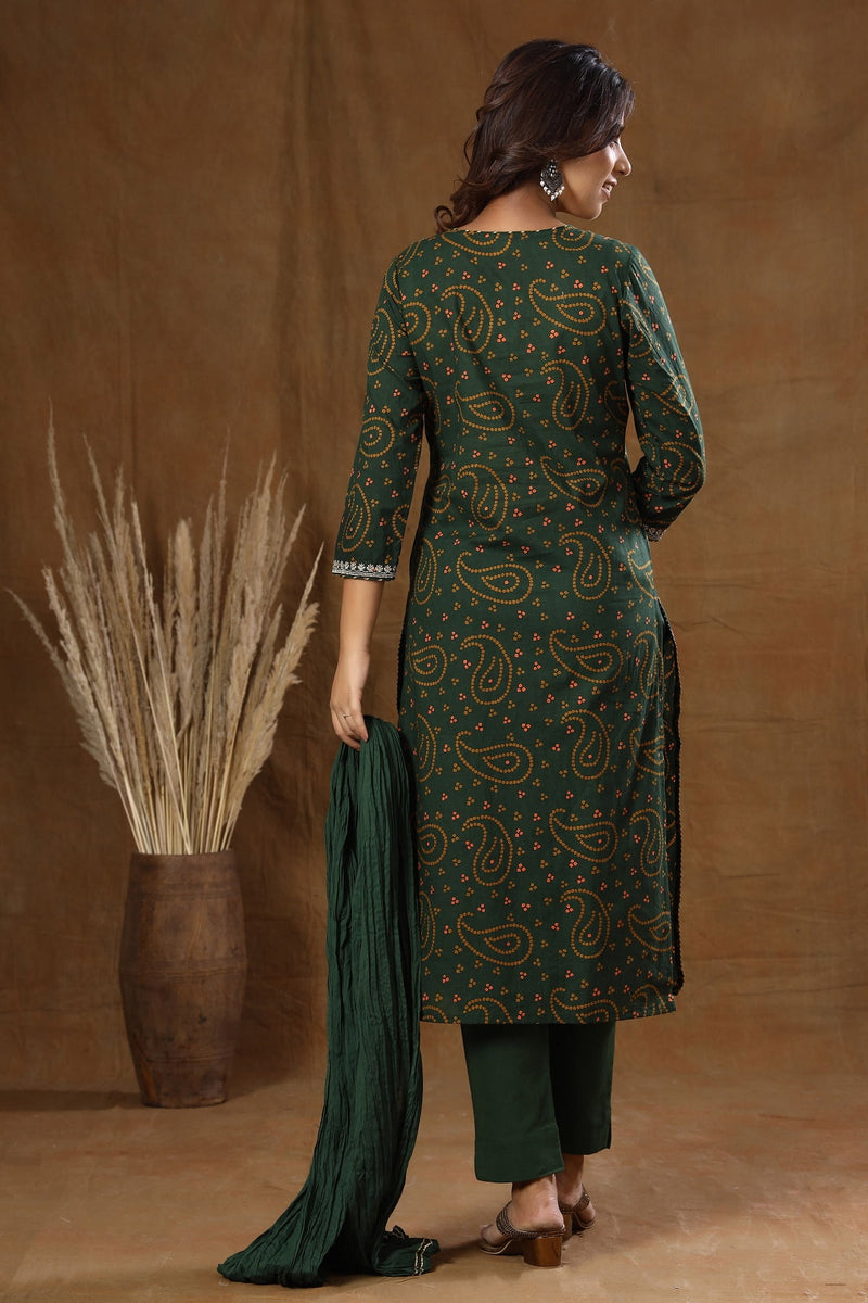 Cotton Green Bandhej Print Suit Set with Dupatta