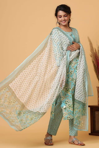 Cotton Green Floral Print Suit Set with Dupatta - Ria Fashions