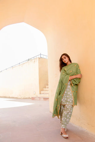 Cotton Green Printed Suit Set with Kotta Doriya Dupatta