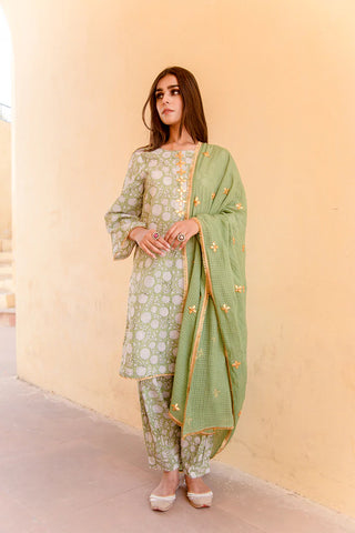 Cotton Green Printed Suit Set with Kotta Doriya Dupatta
