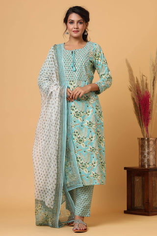 Cotton Green Floral Print Suit Set with Dupatta - Ria Fashions