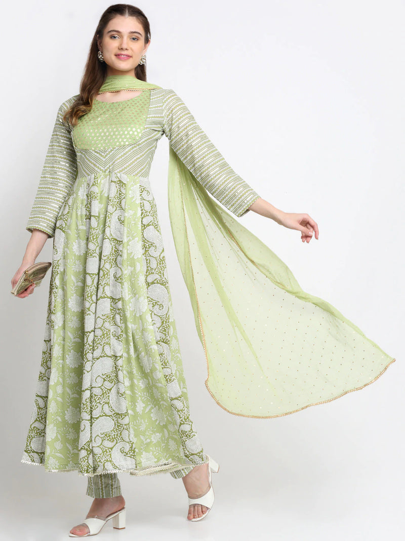 Cotton Green Printed Anarkali Suit with Chiffon Dupatta - Ria Fashions