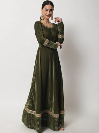 Silk Green Anarkali Style Zari & Sequin Detailing Kurta with Heavy Net Zari & Stone Detailing Dupatta