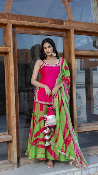 Pink & Green Tie Dye & Lace Detailing Taffeta Kurta with Organza Sharara & Dupatta