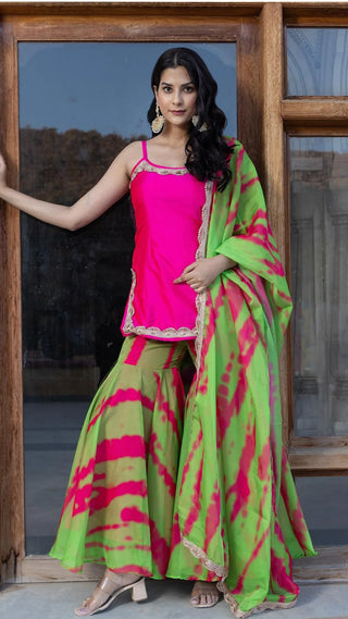 Pink & Green Tie Dye & Lace Detailing Taffeta Kurta with Organza Sharara & Dupatta