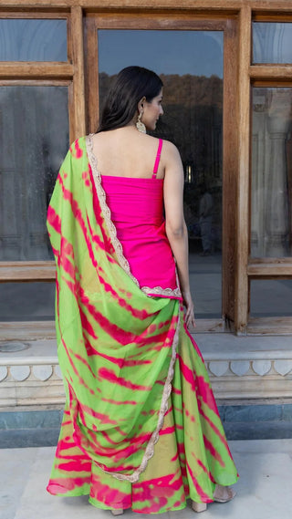 Pink & Green Tie Dye & Lace Detailing Taffeta Kurta with Organza Sharara & Dupatta