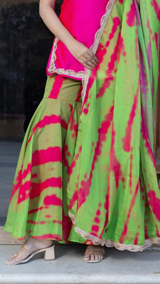 Pink & Green Tie Dye & Lace Detailing Taffeta Kurta with Organza Sharara & Dupatta