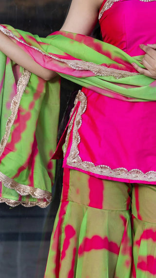 Pink & Green Tie Dye & Lace Detailing Taffeta Kurta with Organza Sharara & Dupatta