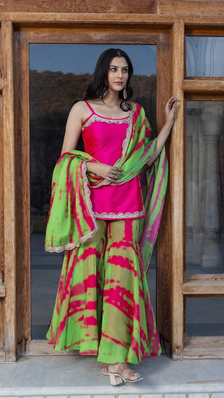 Pink & Green Tie Dye & Lace Detailing Taffeta Kurta with Organza Sharara & Dupatta