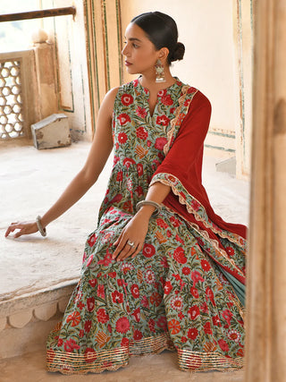 Cotton Green & Red Floral Print Anarkali Set with Chiffon Dupatta