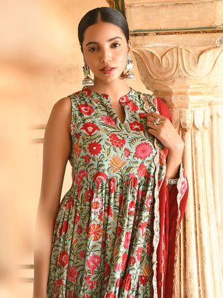 Cotton Green & Red Floral Print Anarkali Set with Chiffon Dupatta