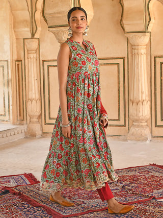 Cotton Green & Red Floral Print Anarkali Set with Chiffon Dupatta