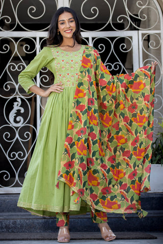 Cotton Green Floral Print Embroidered Anarkali Suit Set with Dupatta