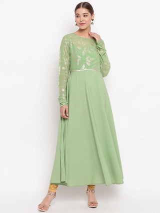 Light Green Poly Crepe Foil Print Anarkali Style Gown