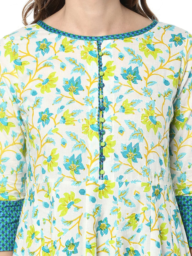 Cotton Green & Blue Floral Print Anarkali Style Kurta