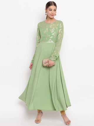 Light Green Poly Crepe Foil Print Anarkali Style Gown
