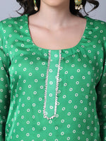 Green Satin Georgette Bandhani Print Suit Set with Net Mokaish Dupatta