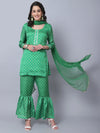Green Satin Georgette Bandhani Print Suit Set with Net Mokaish Dupatta
