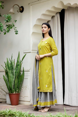 Cotton Green & Grey Embroidered Sharara Set with Dupatta